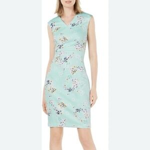 Calvin Klein Aqua Blue Floral V Neck Scuba Knit Sleeveless Sheath Dress Size 8